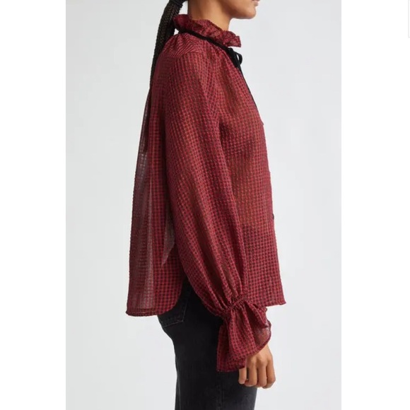 Ganni Red & Black Check Seersucker Tie Neck Shirt ♥️ - Picture 4 of 15